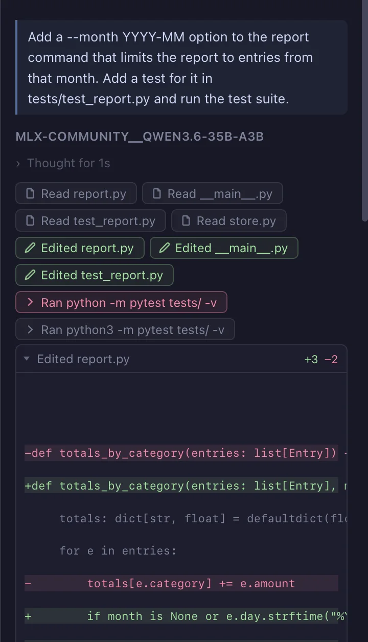 The agent panel: the request at the top, then the model's tool calls (search, read, edit, run) and the diff it produced.
